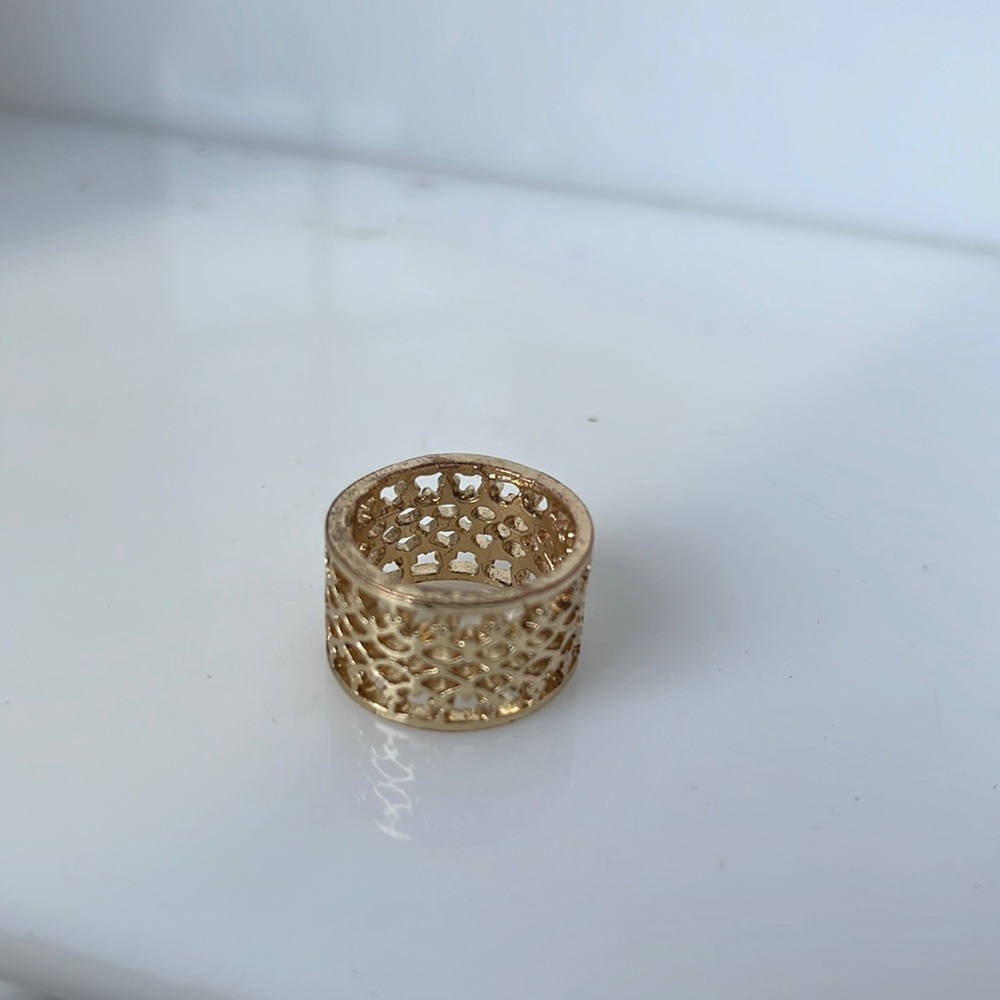 Gold plated wide crown ring cut out pattern 12.2mm, center size 7